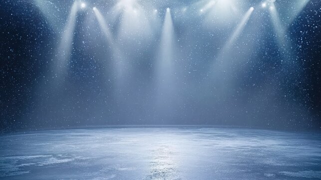 Frozen scene with an empty ice skating rink lit by spotlights, surrounded by snow, suitable for use in holiday cards, winter festival branding, or as a visual for relaxation.