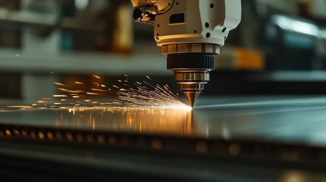 Laser cutting process modern manufacturing facility industrial technology sparks flying close-up view precision engineering