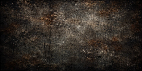 Fototapeta premium Dark aged grunge texture with a weathered brown rusty metal pattern on an old dirty concrete wall surface for a vintage paper backdrop design