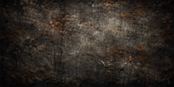 Dark aged grunge texture with a weathered brown rusty metal pattern on an old dirty concrete wall surface for a vintage paper backdrop design