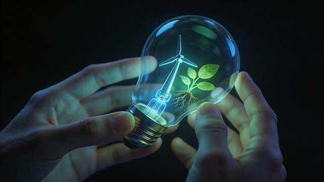 M&atilde;os segurando uma l&acirc;mpada brilhante com uma planta verde e turbina e&oacute;lica no interior. Conceito de energia renov&aacute;vel, sustentabilidade e inova&ccedil;&atilde;o ecol&oacute;gica