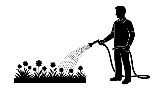 Gardener silhouette watering flower bed with garden hose, man spraying water on plants in backyard, landscaping and horticulture vector illustration