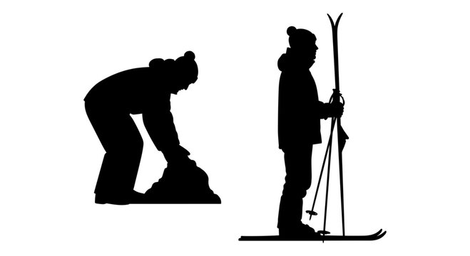 Skier silhouette vector set, winter sports athlete standing with skis and poles, person building a snowman in snow, black minimalist winter activity icons