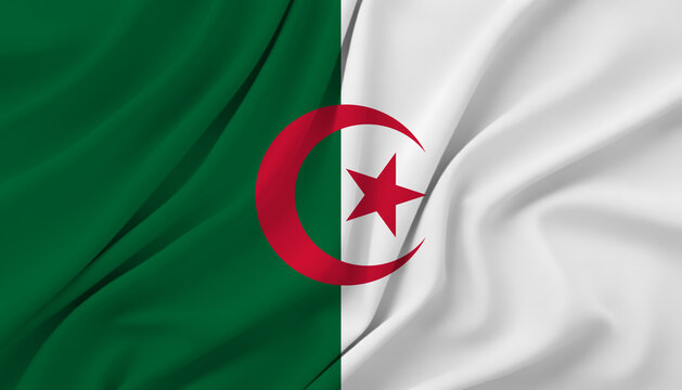 Algerian national flag with green and white vertical bands and red crescent star.