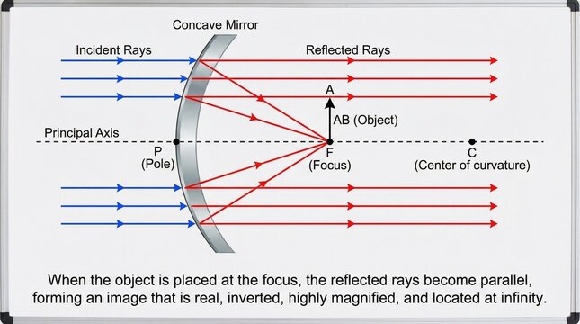 "Concave mirror ray diagram showing object at focus with reflected rays parallel, forming real inverted magnified image at infinity."