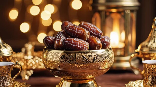 Ornate Golden Bowl Filled with Dried Dates Surrounded by Decorative Gold Coffee Cups and Traditional Lantern on a Table with Warm Bokeh Background Lights for Ramadan.