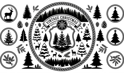 Fototapeta premium Vintage Christmas tree silhouette collection with classic winter forest elements in circular layout isolated on white