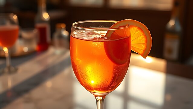 aperol. Close-up of an Aperol spritz cocktail with an orange garnish, glowing under golden hour lighting on a marble surface. bar promotions.