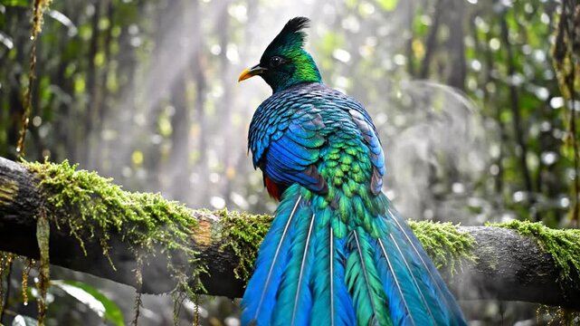 Vibrant Resplendent Quetzal Bird Perched On Mossy Branch