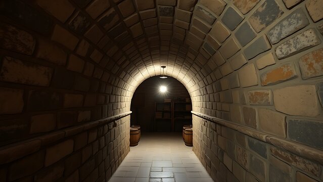 madrigal. A narrow stone corridor leading to a vaulted storage room with soft interior light. real-estate listings.