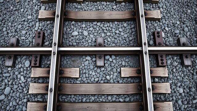 trackbed. Top-down view of railway sleepers and ballast stones in a geometric pattern. mobility guides, transit brochures, designed for mobility and urban transit guides, used by biotech researchers.