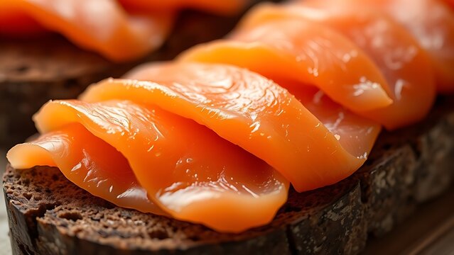 tonalite. Close-up of oily smoked salmon slices on dark rye bread. menu design, packaging mockups, designed for culinary blogs and recipe cards for restaurants, used by interior designers.