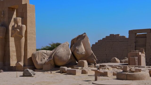 Ruins of Ramesseum mortuary temple with giant Ramesses II Osiride statues. It is located in the Theban necropolis in Upper Egypt, across the River Nile from the modern city of Luxor. Egypt.