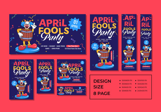 April Fools Party Banner Set with Funny Clown Character and Colorful Confetti