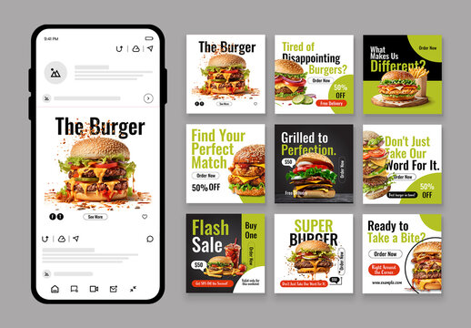 Burger Restaurant Social Media Post Grid Collection with Delicious Hamburgers and Special Offers