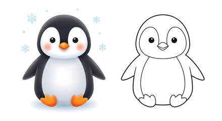 Naklejka premium Colorful penguin illustration with black and white line art