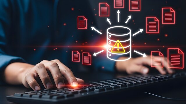 Person interacting with database schema on computer