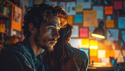Fototapeta premium Man looks towards the light in an office with a wall of sticky notes