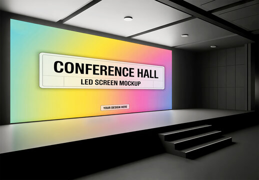 Conference Hall Stage with Large Screen Mockup and Rainbow Gradient Background