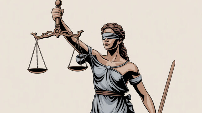Themis goddess of justice holding scales and sword blindfolded symbolizing fairness and law in a neutral background