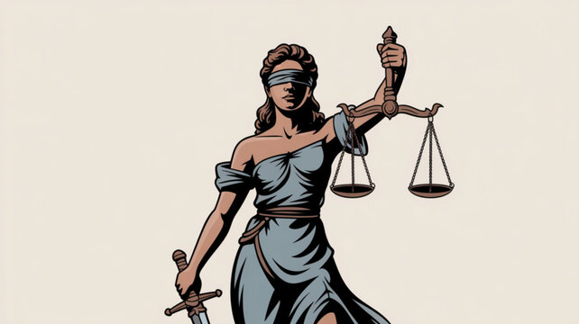 Themis goddess of justice holding scales and sword symbolizing law order and fairness in a neutral beige background