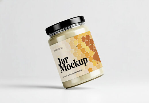 Glass Jar Mockup with Honeycomb Pattern Label and Black Lid on White Background