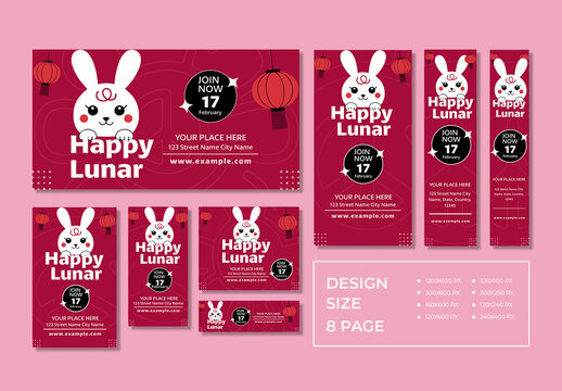 Happy Lunar New Year Banner Set with Cute White Rabbit and Red Lanterns