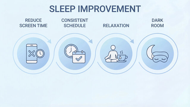Sleep improvement strategies and healthy sleep hygiene infographic illustrating screen time reduction consistent scheduling relaxation techniques for health lifestyle 