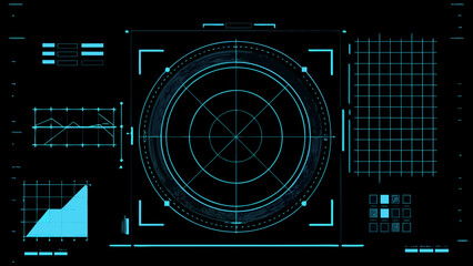 Futuristic radar screen with a central oval display and data visualizations © Sampad