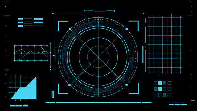 Futuristic radar screen with a central oval display and data visualizations