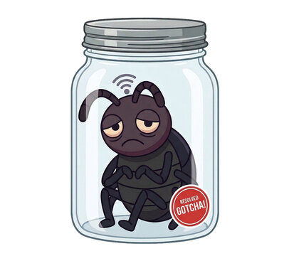 Dejected bug character trapped in a glass jar  (isolated on transparent background, flat vector style illustration)