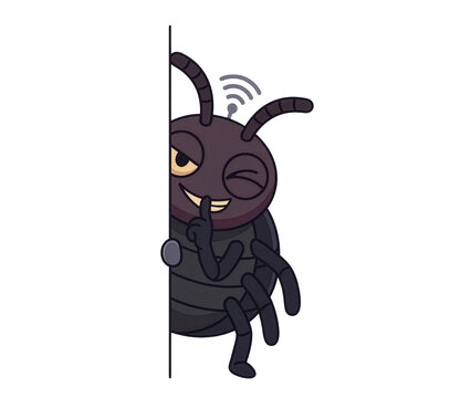 Mischievous bug character peeking behind a wall with shush gesture (isolated on transparent background, flat vector illustration)