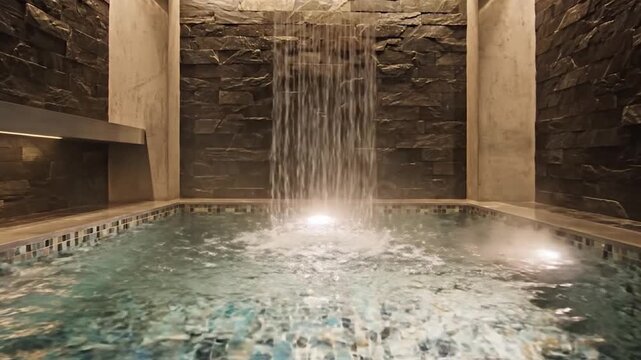 Luxurious Indoor Pool with Waterfall Feature.