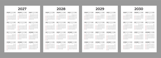 Fototapeta premium Calendar set for 2027, 2028, 2029, 2030 years. Week starts on Sunday. Simple modern editable vertical wall calendar template vector illustration