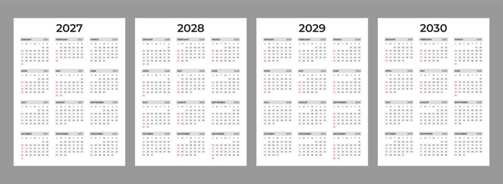 Calendar set for 2027, 2028, 2029, 2030 years. Week starts on Sunday. Simple modern editable vertical wall calendar template vector illustration