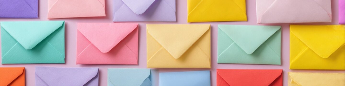 Colorful array of envelopes on pastel background
