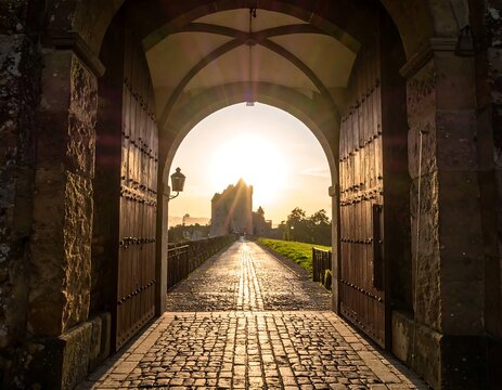 Medieval Castle Gate at Sunset - A Journey Through Time.