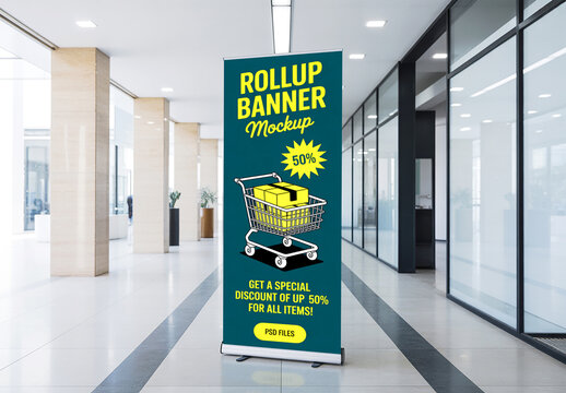 Realistic Shopping Discount Rollup Banner Mockup