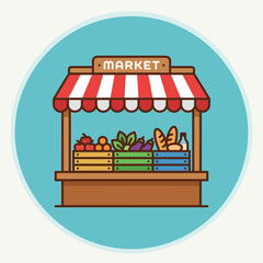 Obraz premium Flat vector icon of market stall with products display, simplified shapes