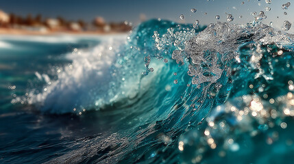 Fototapeta premium clear blue ocean wave close up, water droplets frozen mid motion, high shutter speed look, summer energy.