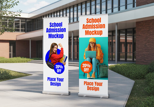 School Admission Roll Up Banner Mockup in Front of Campus Building