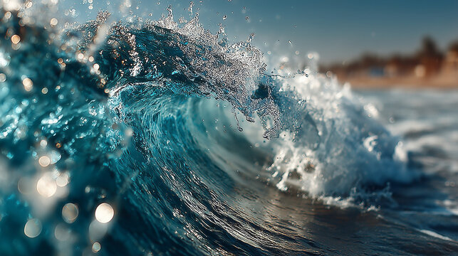 clear blue ocean wave close up, water droplets frozen mid motion, high shutter speed look, summer energy.
