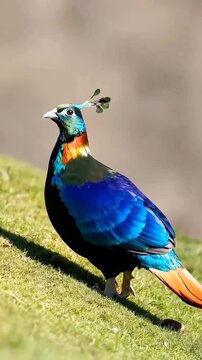 Majestic male Himalayan monal bird showcases its breathtaking iridescent blue, green, and vibrant orange feathers, standing elegantly with its unique crest and striking colorful plumage.