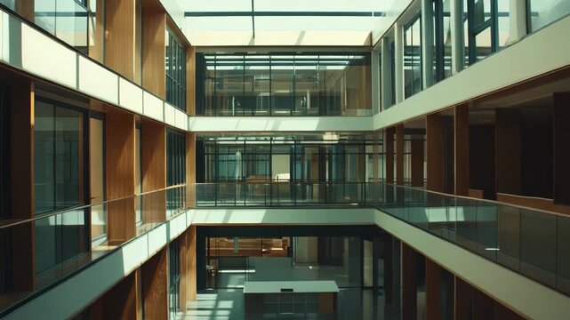 Multilevel corporate atrium interior displaying modern architecture with glass walls, wooden panels, and natural light illuminating the sophisticated contemporary office environment
