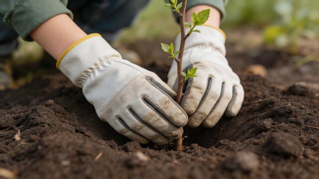Close-up de m&atilde;os com luvas de prote&ccedil;&atilde;o plantando uma jovem muda de &aacute;rvore no solo. Conceito de ecologia, jardinagem, reflorestamento e preserva&ccedil;&atilde;o da natureza