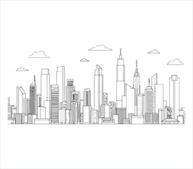 Fototapeta premium City skyline with skyscrapers and clouds in a simple line drawing style urban landscape