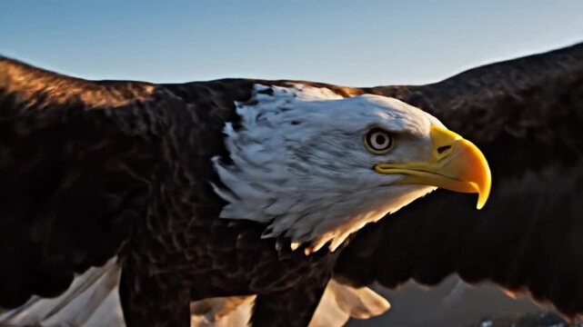 Head-on view. Bald eagle flying directly towards camera over snow-capped mountains. Winding river valley below. Golden hour light. Wildlife photography.