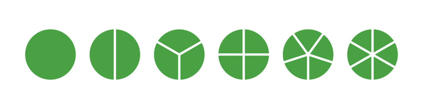 Wheel round divided diagrams from one to six segments. Circle division on 1 2 3 4 5 6 black equal parts. Infographic minimalist icons set. Coaching blank mockup. Pizza, pie green chart layout.