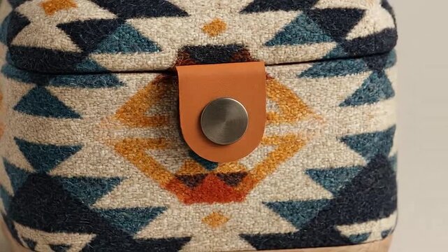 A decorative fabric covered storage box with a geometric pattern and wooden base