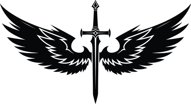 Black silhouette of a medieval longsword with majestic spread eagle wings, fantasy warrior emblem, heroic knight crest, heraldic military sword icon.